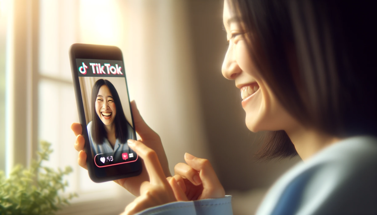 Image of female with phone viewing a tiktok video of herself