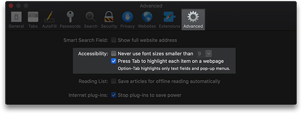 For Safari users, in Settings, click the Advanced tab and check the box next to "Press Tab to highlight each item on a webpage."