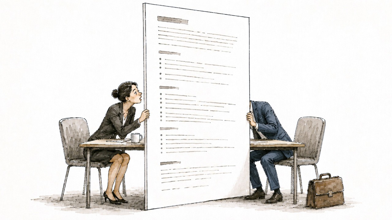 job | Filament Essential Services Two professionals sit at a table, separated by a tall checklist or document blocking view between them during a meeting or interview edge-to-edge.