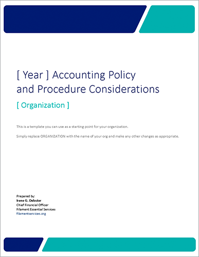 Document cover for a template titled '[ Year ] Accounting Policy and Procedure Considerations' with blue and teal header shapes, organization placeholder and note about customization.
