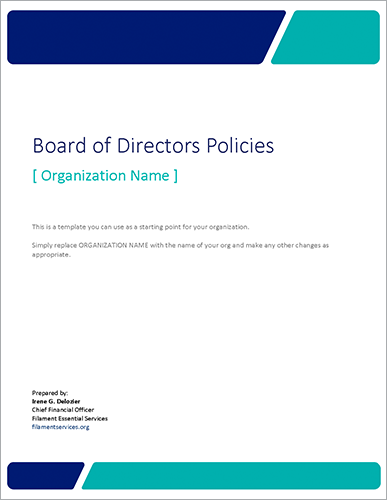 Template cover page titled 'Board of Directors Policies' with placeholder [Organization Name] and blue/teal decorative bars.