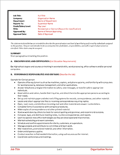 Structured job description form with fields for title, organization, department, reports to, grade, approvals, plus sections on education and job tasks.