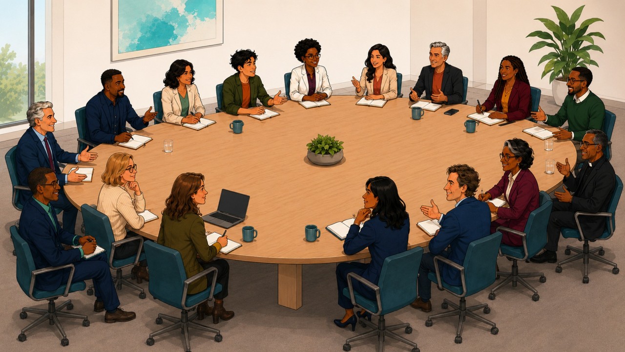 test ideas | Filament Essential Services Diverse professionals around a round conference table, taking notes and discussing a topic.