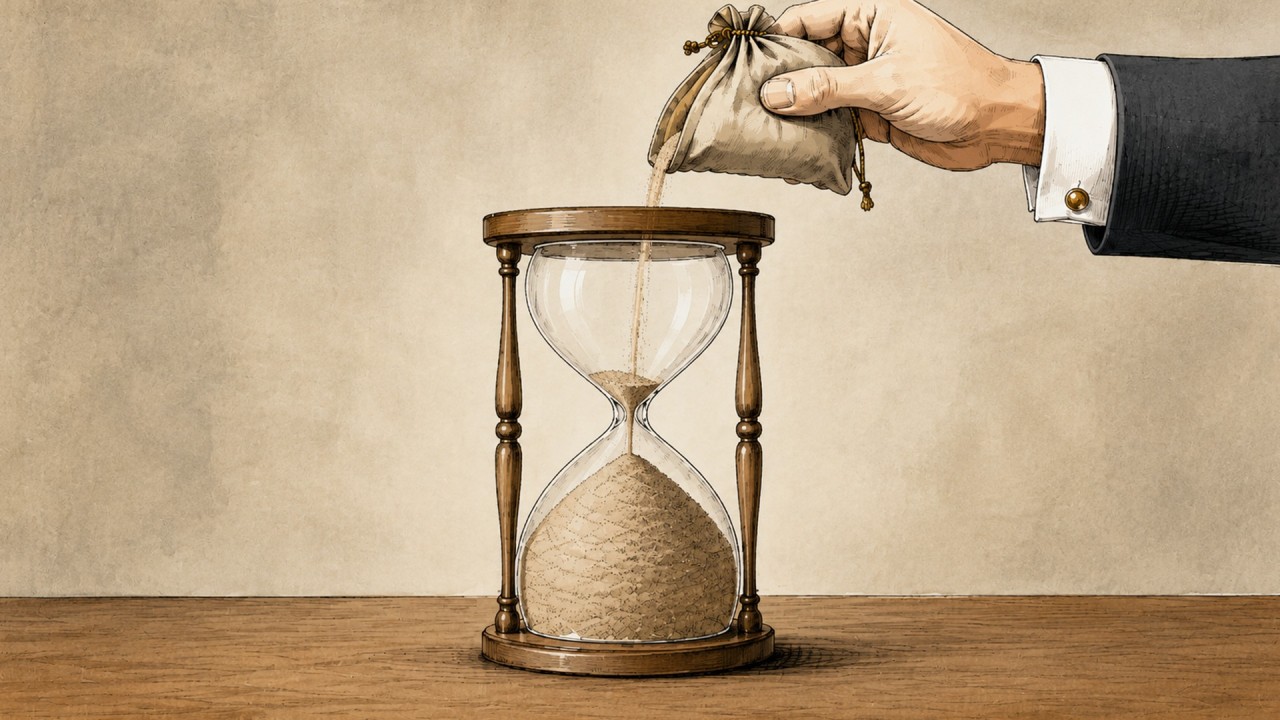 time | Filament Essential Services Hand in a suit pours sand from a cloth bag into a wooden hourglass on a desk, symbolizing time running out.